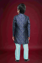 Raivat Ethnic Kids Banarasi Jacquard Woven Work Semi Indo Western Set Blue Colour