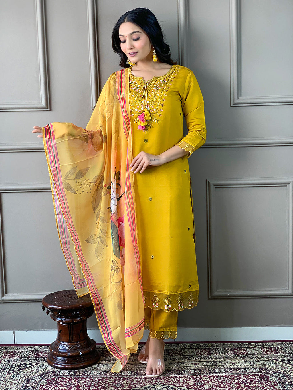 The52 Mustard Embroidered Chanderi Fabric Straight Kurta, Pant and Dupatta Set - Distacart