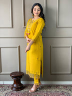 The52 Mustard Embroidered Chanderi Fabric Straight Kurta, Pant and Dupatta Set - Distacart
