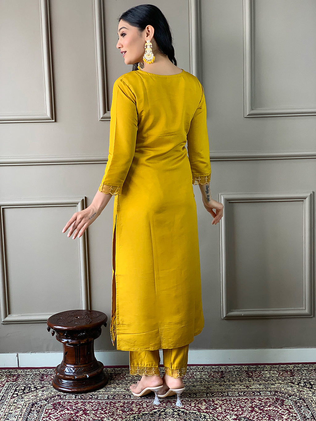 The52 Mustard Embroidered Chanderi Fabric Straight Kurta, Pant and Dupatta Set - Distacart