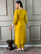 The52 Mustard Embroidered Chanderi Fabric Straight Kurta, Pant and Dupatta Set - Distacart