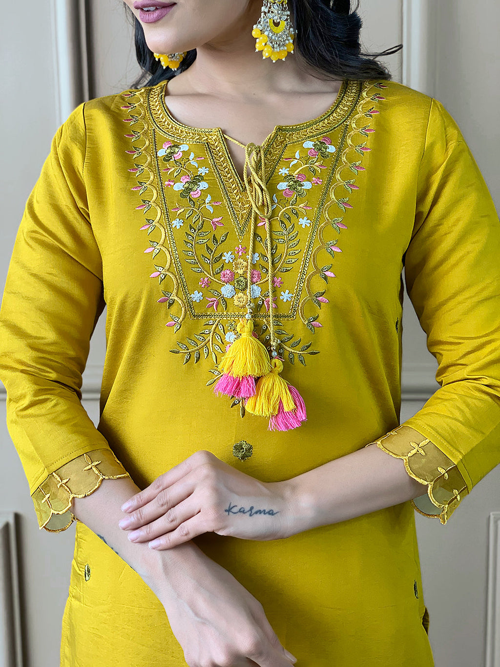 The52 Mustard Embroidered Chanderi Fabric Straight Kurta, Pant and Dupatta Set - Distacart