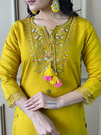 The52 Mustard Embroidered Chanderi Fabric Straight Kurta, Pant and Dupatta Set - Distacart