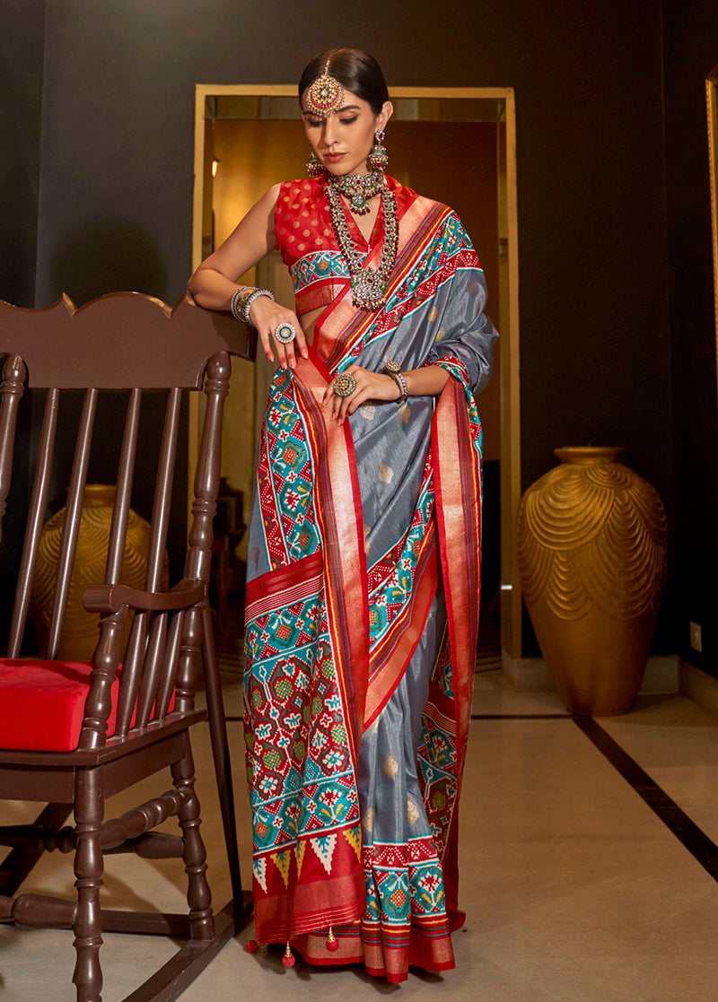 Monjolika Fashion Patola Print Silk Designer Saree In Grey - Distacart