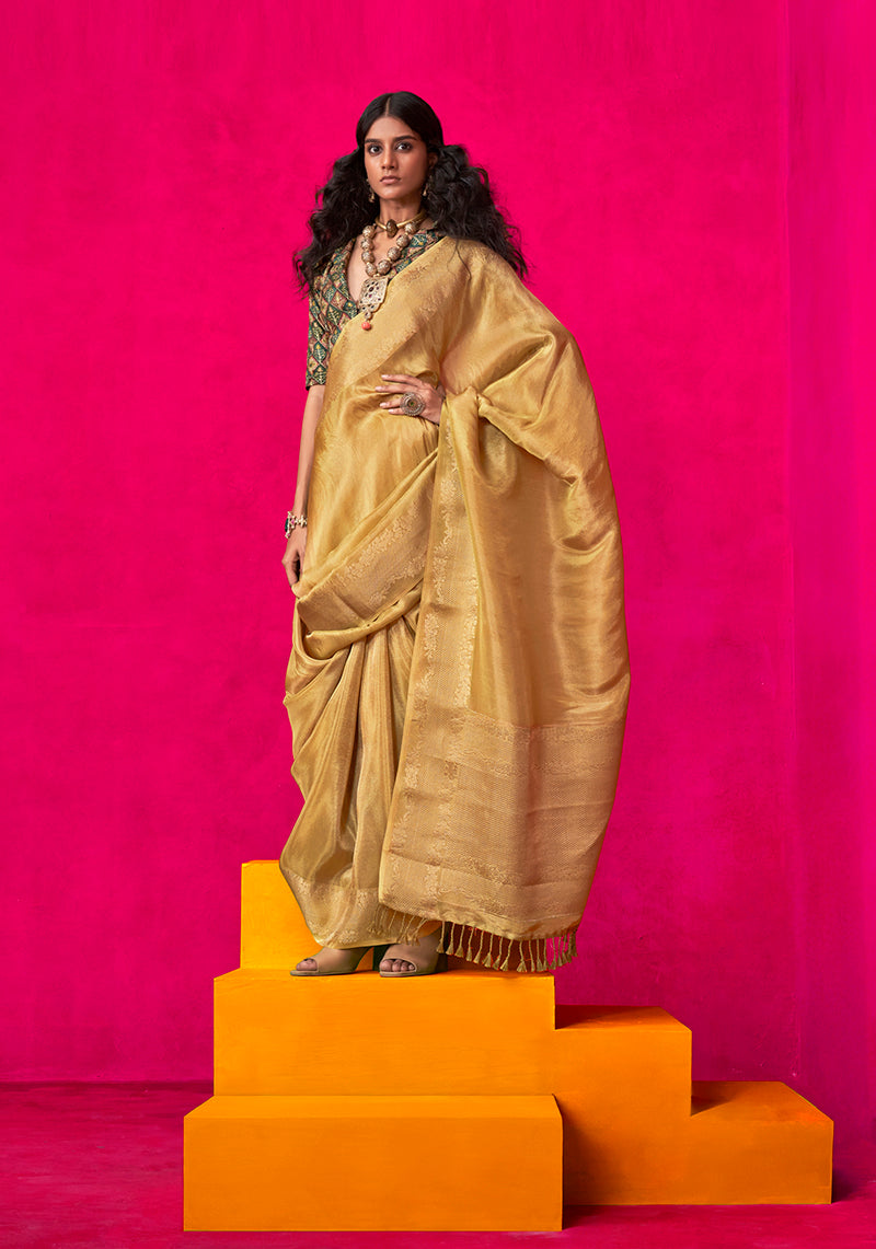 Monjolika Fashion Mustard Weaving Tissue Silk Traditional Saree - Distacart