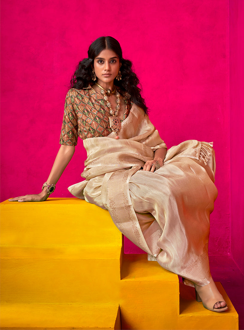 Monjolika Fashion Cream Weaving Tissue Silk Traditional Saree