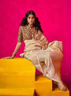 Monjolika Fashion Cream Weaving Tissue Silk Traditional Saree
