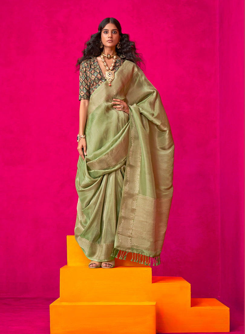 Monjolika Fashion Green Weaving Tissue Silk Traditional Saree