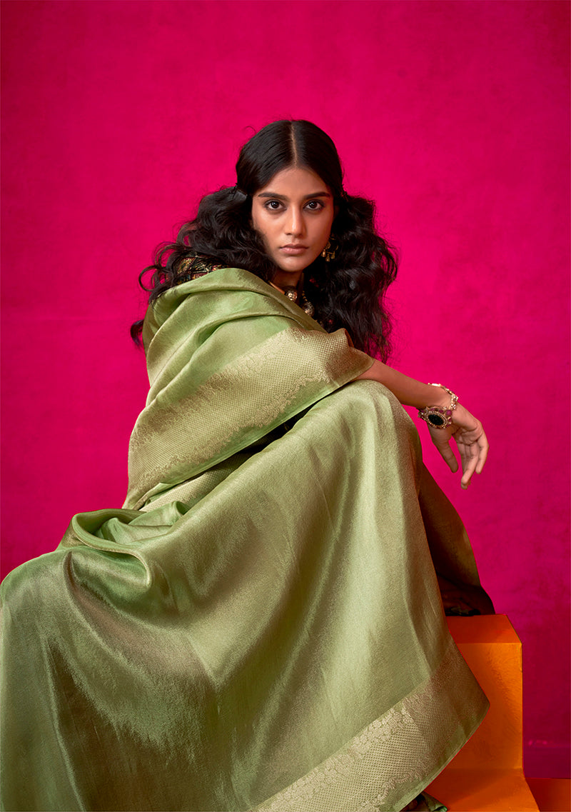 Monjolika Fashion Green Weaving Tissue Silk Traditional Saree