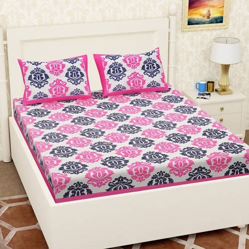 Vamika Printed Cotton White & Pink Flower Design Bedsheet With Pillow Covers (LEOC_PPNKC_P)
