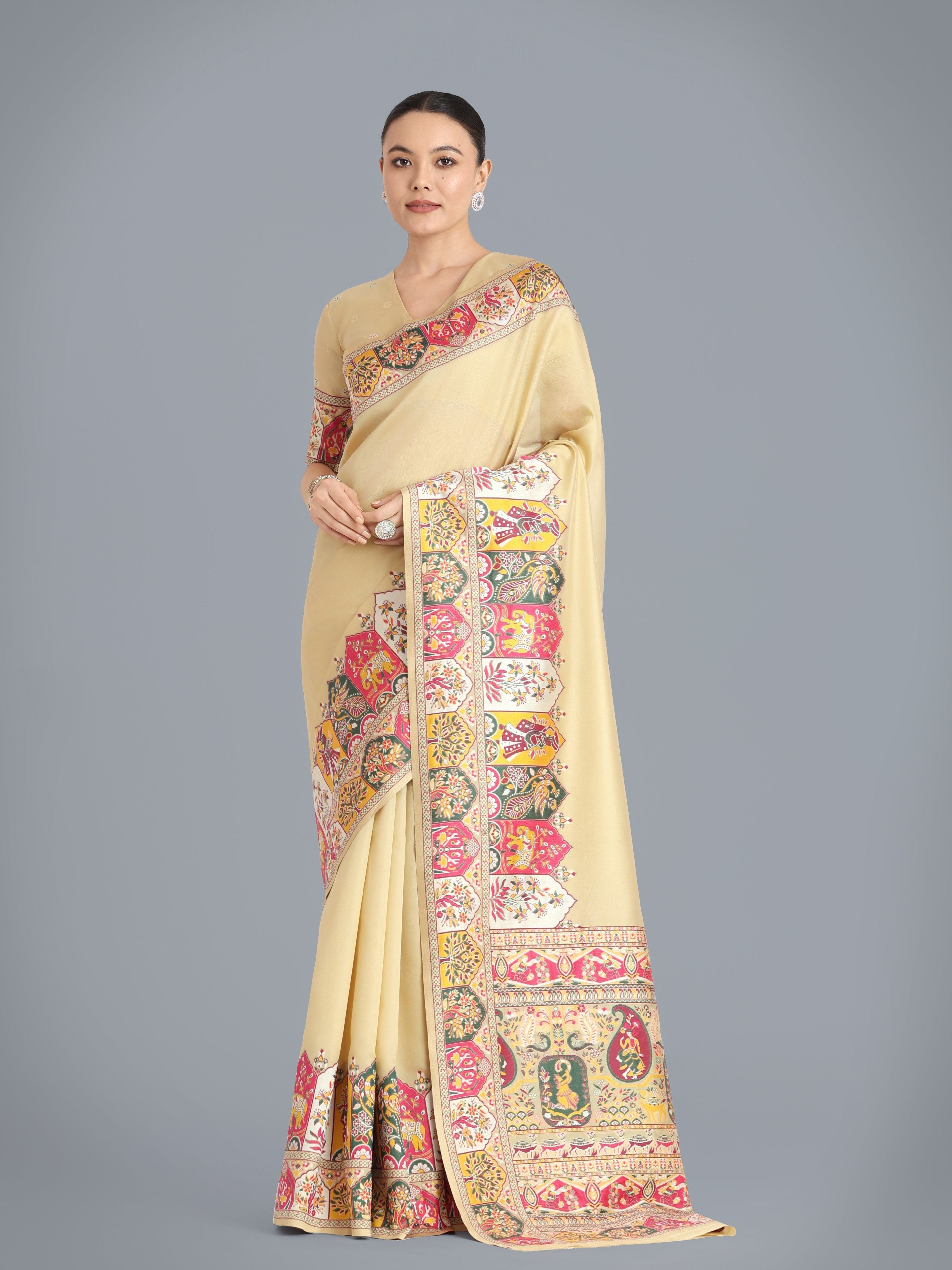 Monjolika Fashion Pashmina Silk Beige Gold Zari Woven Saree?