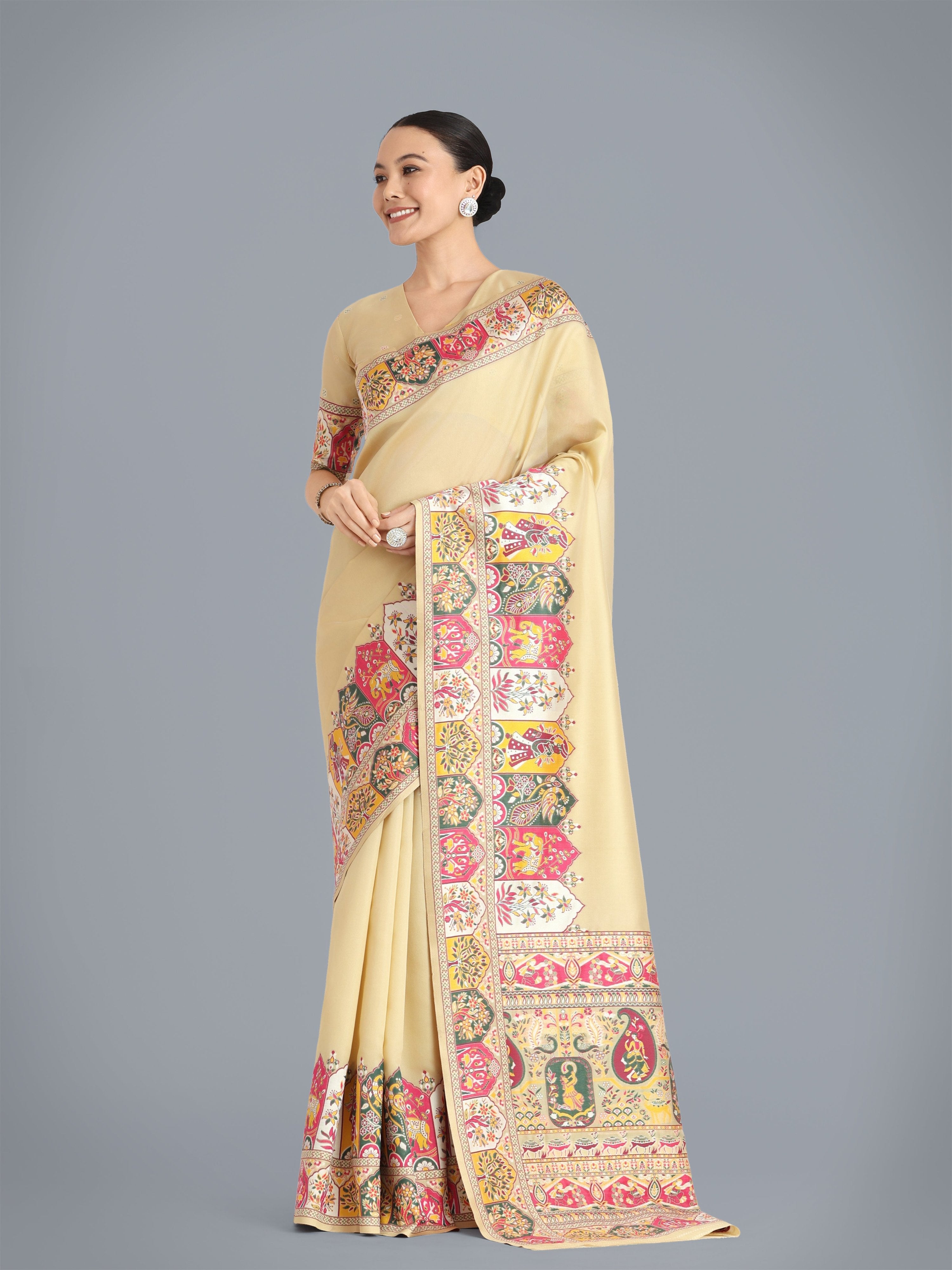 Monjolika Fashion Pashmina Silk Beige Gold Zari Woven Saree?