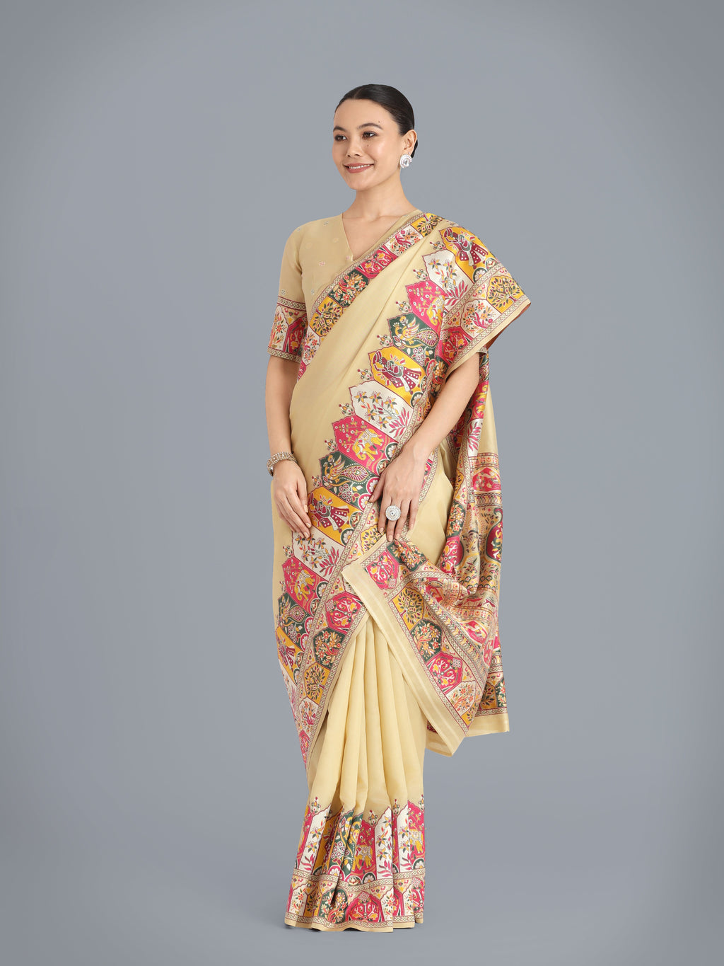 Monjolika Fashion Pashmina Silk Beige Gold Zari Woven Saree?