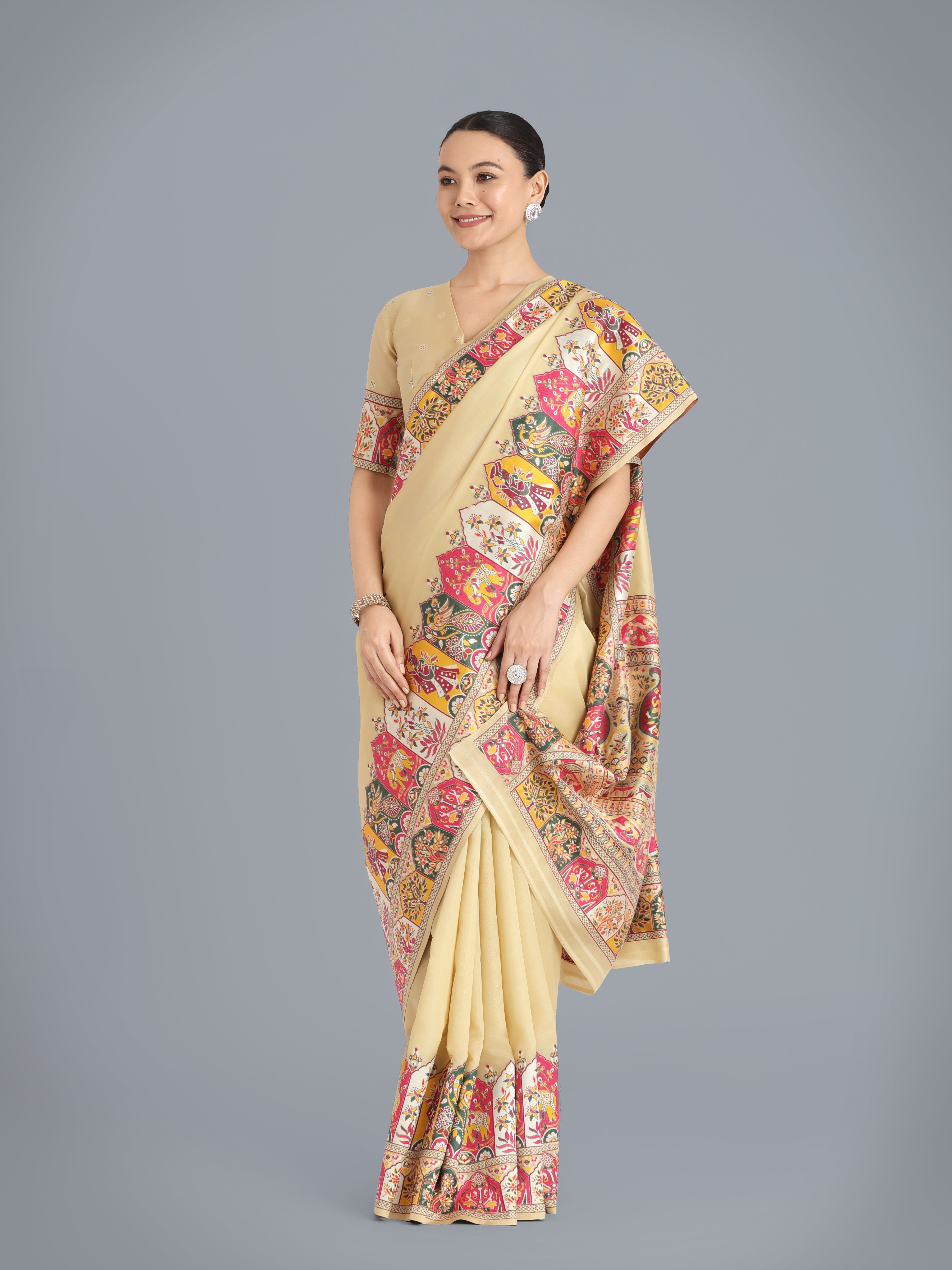 Monjolika Fashion Pashmina Silk Beige Gold Zari Woven Saree?