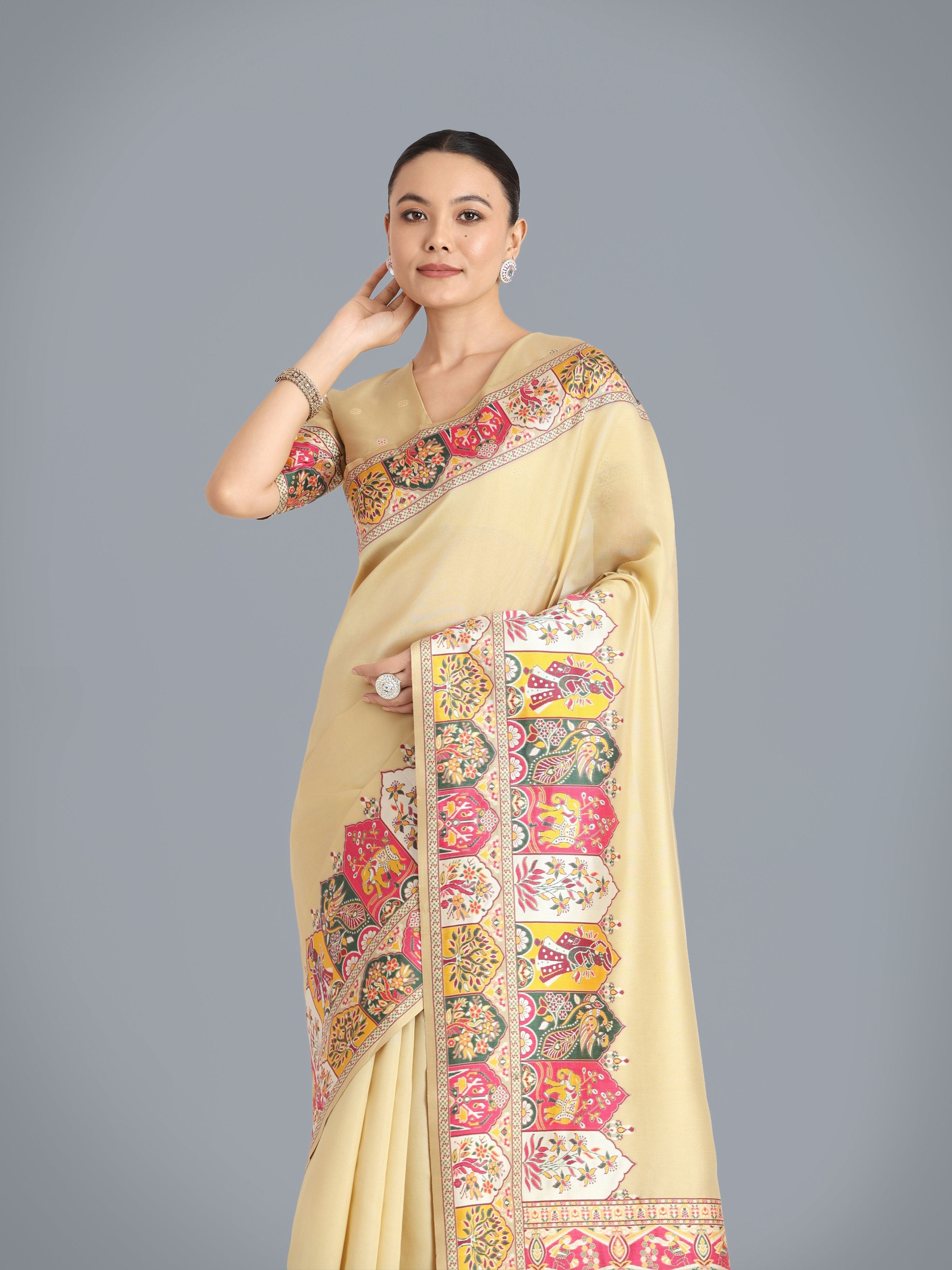 Monjolika Fashion Pashmina Silk Beige Gold Zari Woven Saree?