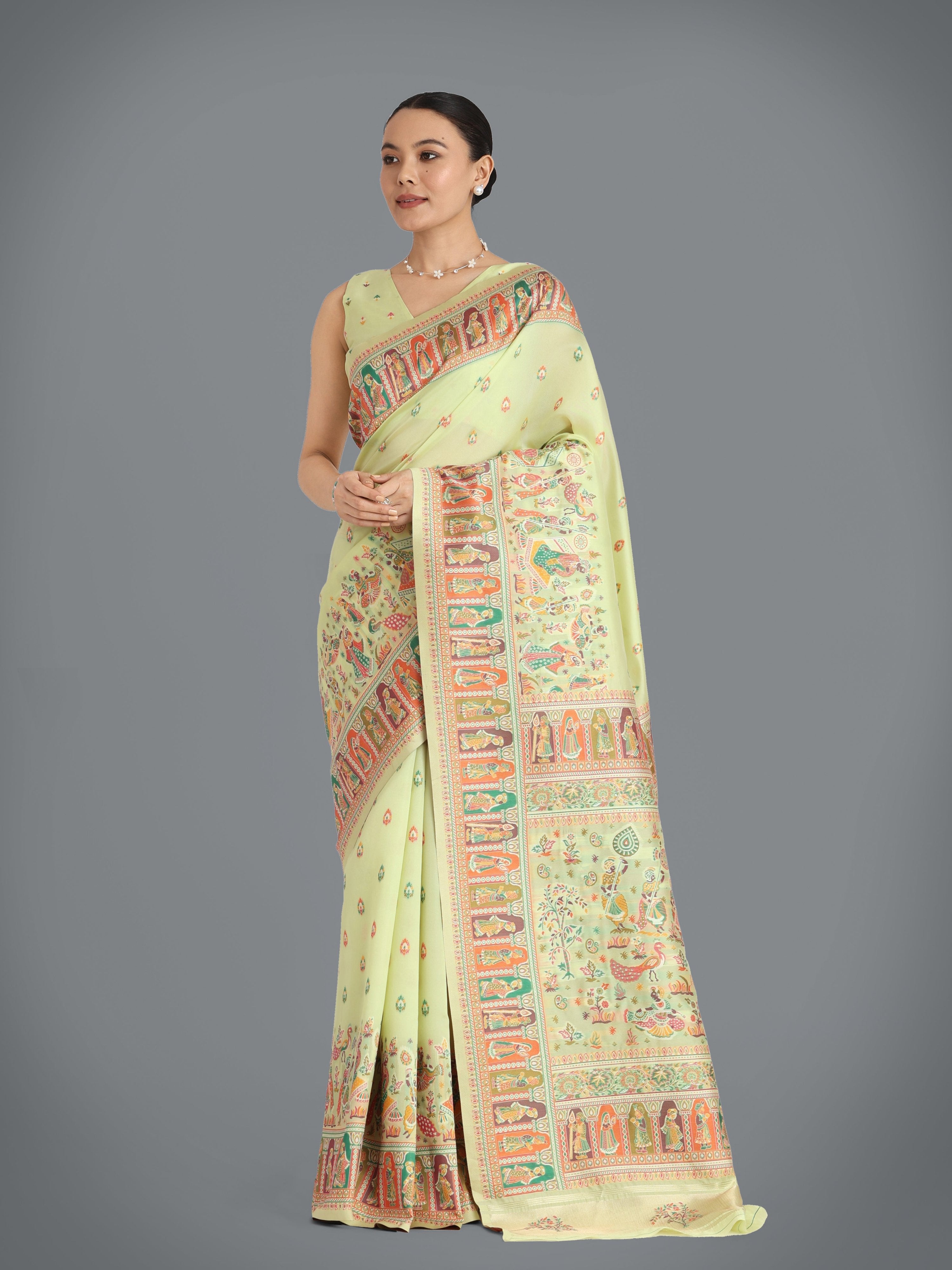 Monjolika Fashion Pashmina Silk Pista Gold Zari Woven Saree?