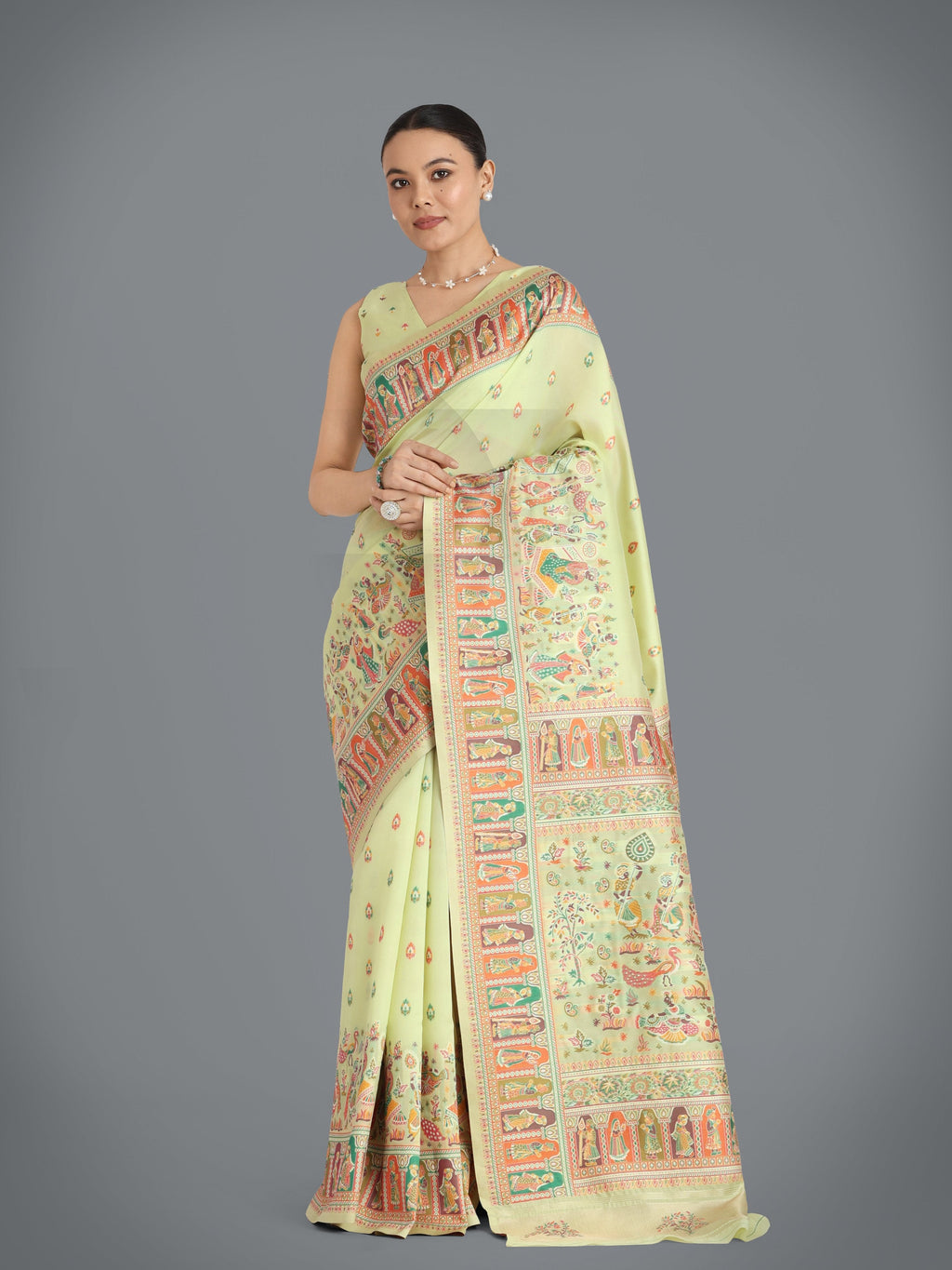 Monjolika Fashion Pashmina Silk Pista Gold Zari Woven Saree?