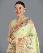 Monjolika Fashion Pashmina Silk Pista Gold Zari Woven Saree?