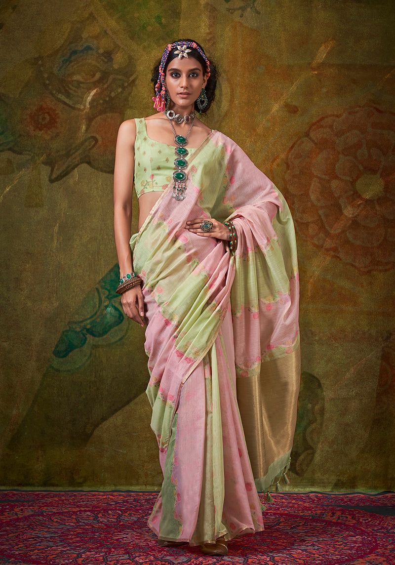 Monjolika Fashion Handloom Cotton Light Green And Pink Weaving Contemporary Saree
