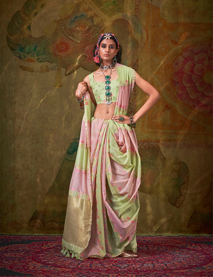 Monjolika Fashion Handloom Cotton Light Green And Pink Weaving Contemporary Saree