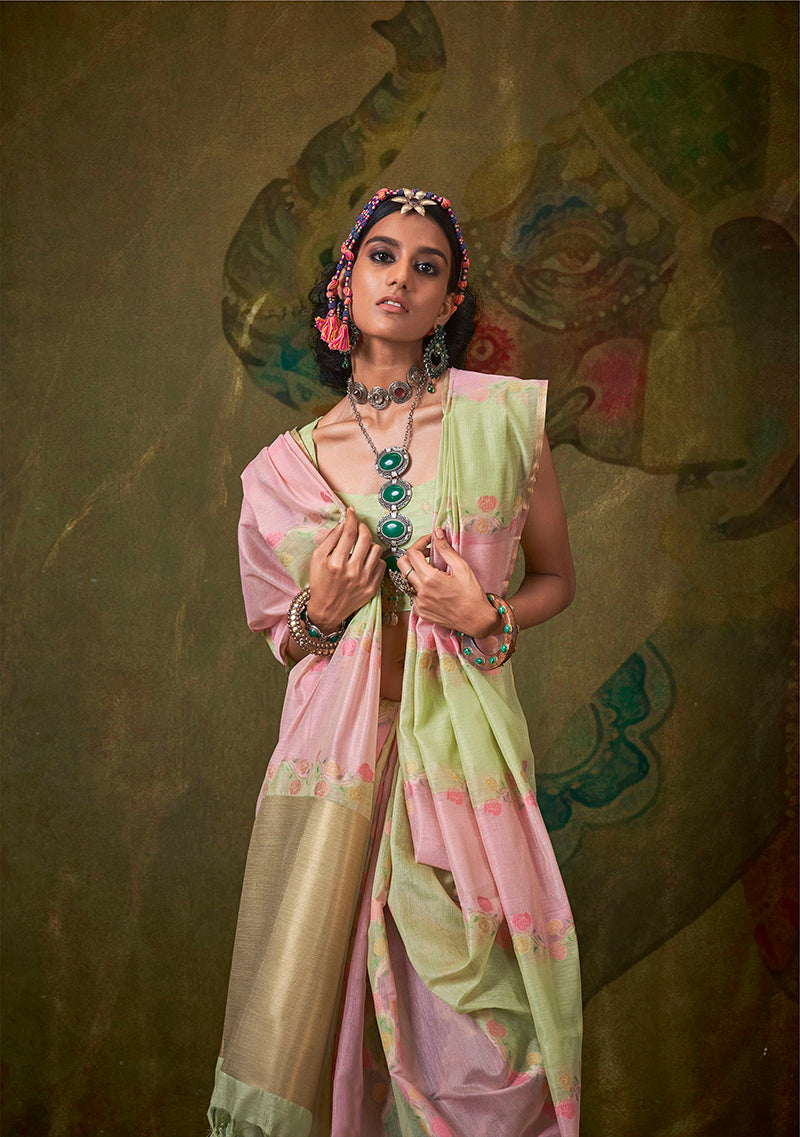 Monjolika Fashion Handloom Cotton Light Green And Pink Weaving Contemporary Saree