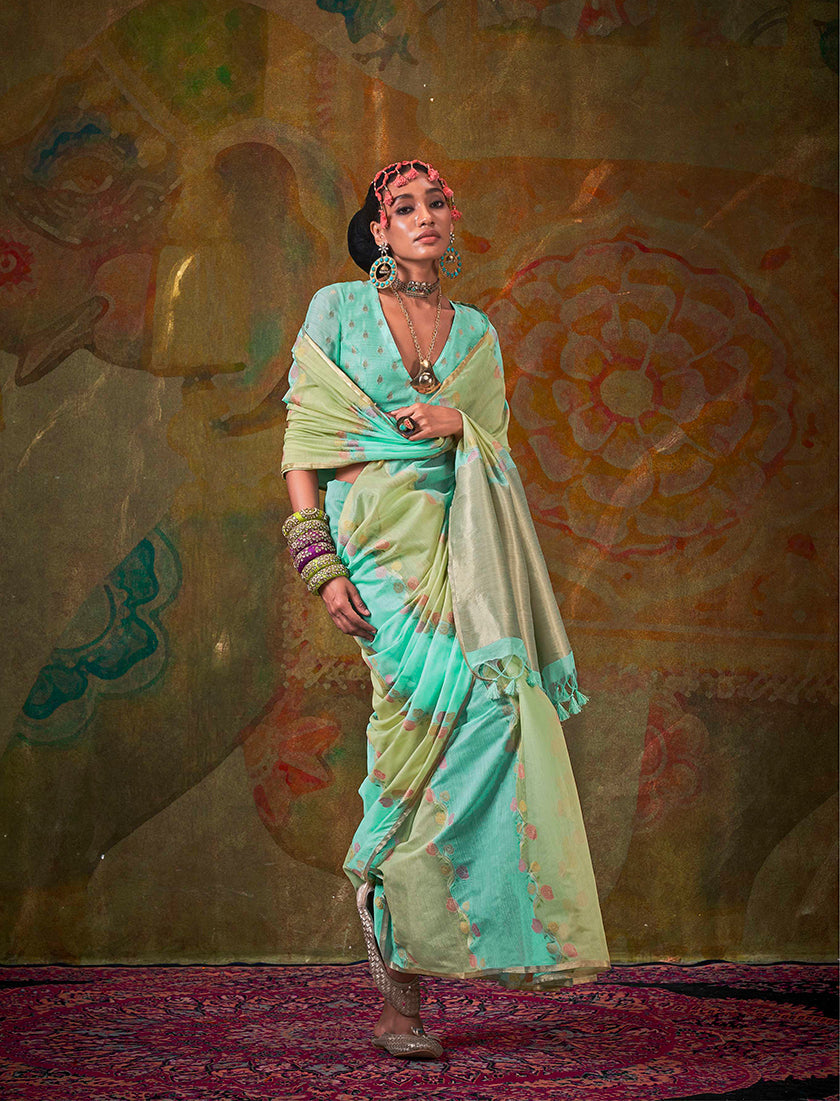 Monjolika Fashion Handloom Cotton Green And Turquoise Weaving Contemporary Saree