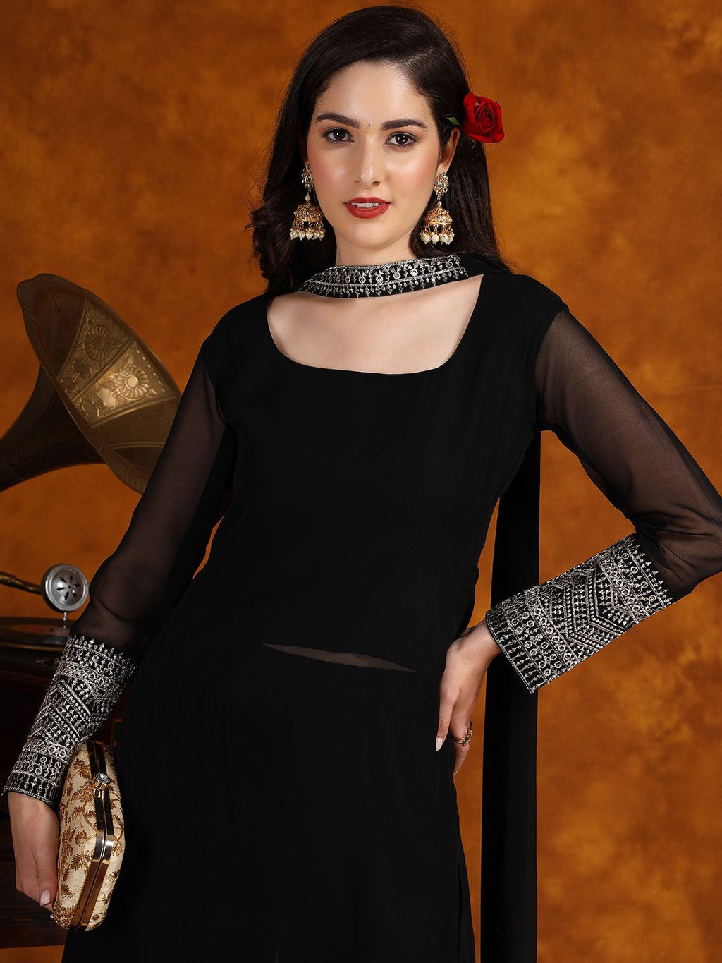 Sangria Embroidery Georgette Kurta Palazzo With Dupatta Set - Distacart