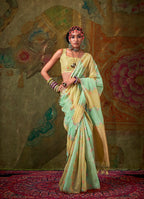 Monjolika Fashion Sea Green And Yellow Weaving Handloom Cotton Classic Saree