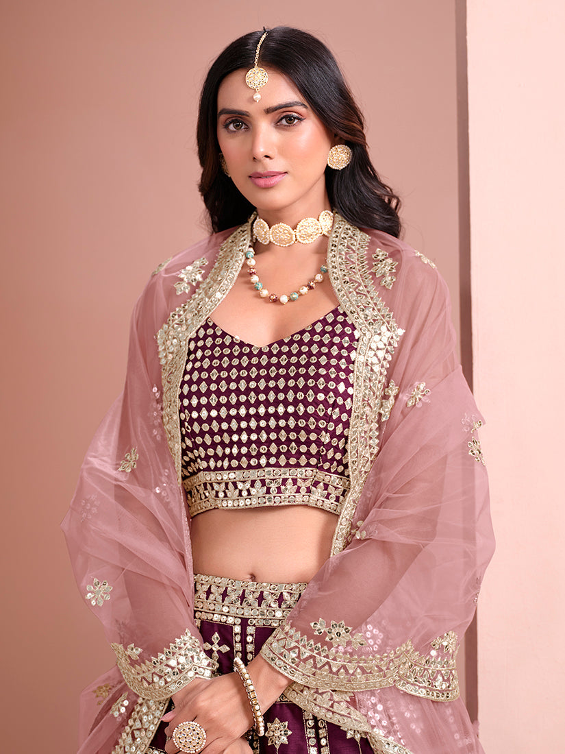 Monjolika Fashion Purple Embroidered Art Silk Trendy A Line Lehenga Choli