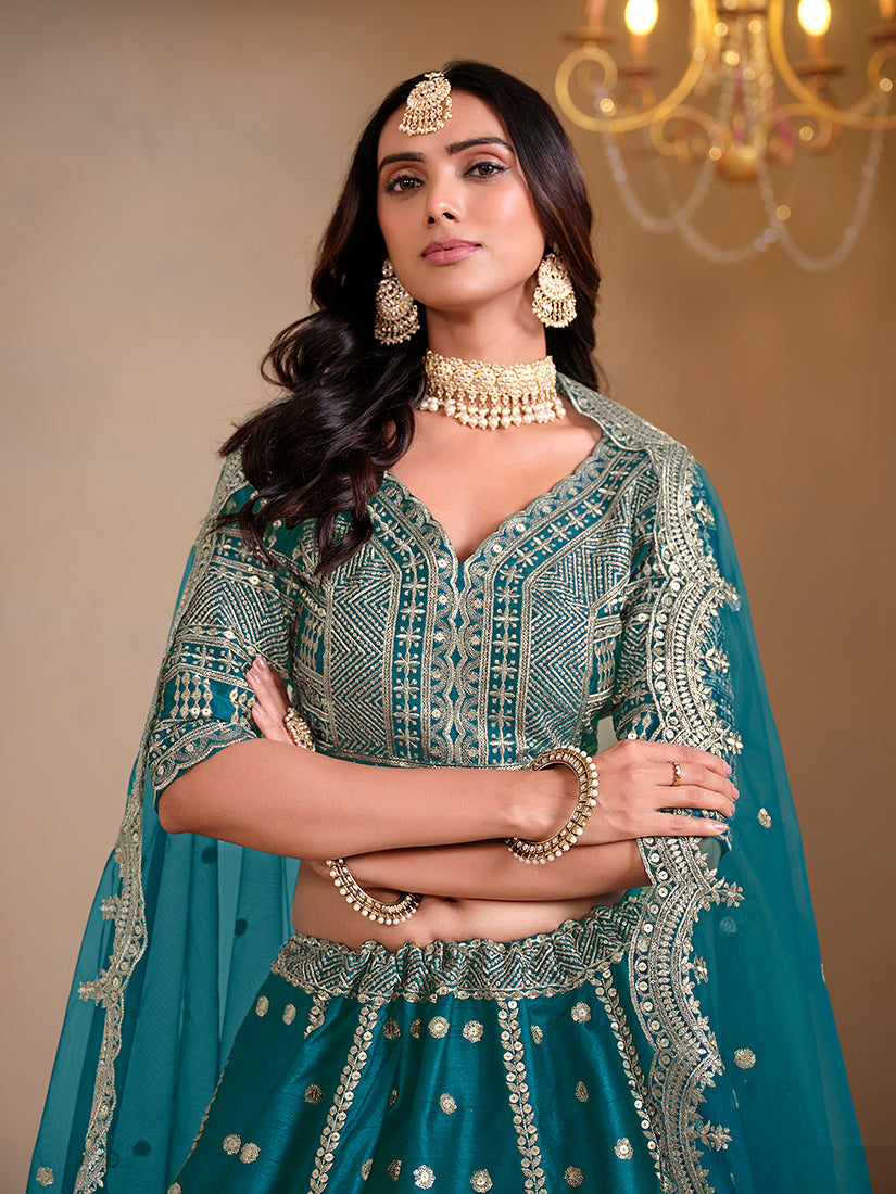 Monjolika Fashion Art Silk Embroidered Teal Lehenga Choli