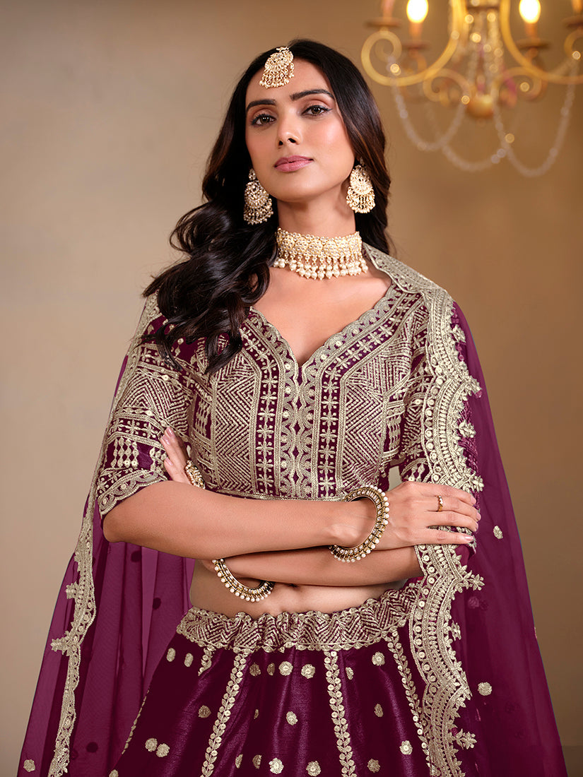 Monjolika Fashion Art Silk Embroidered Dark Purple Lehenga Choli