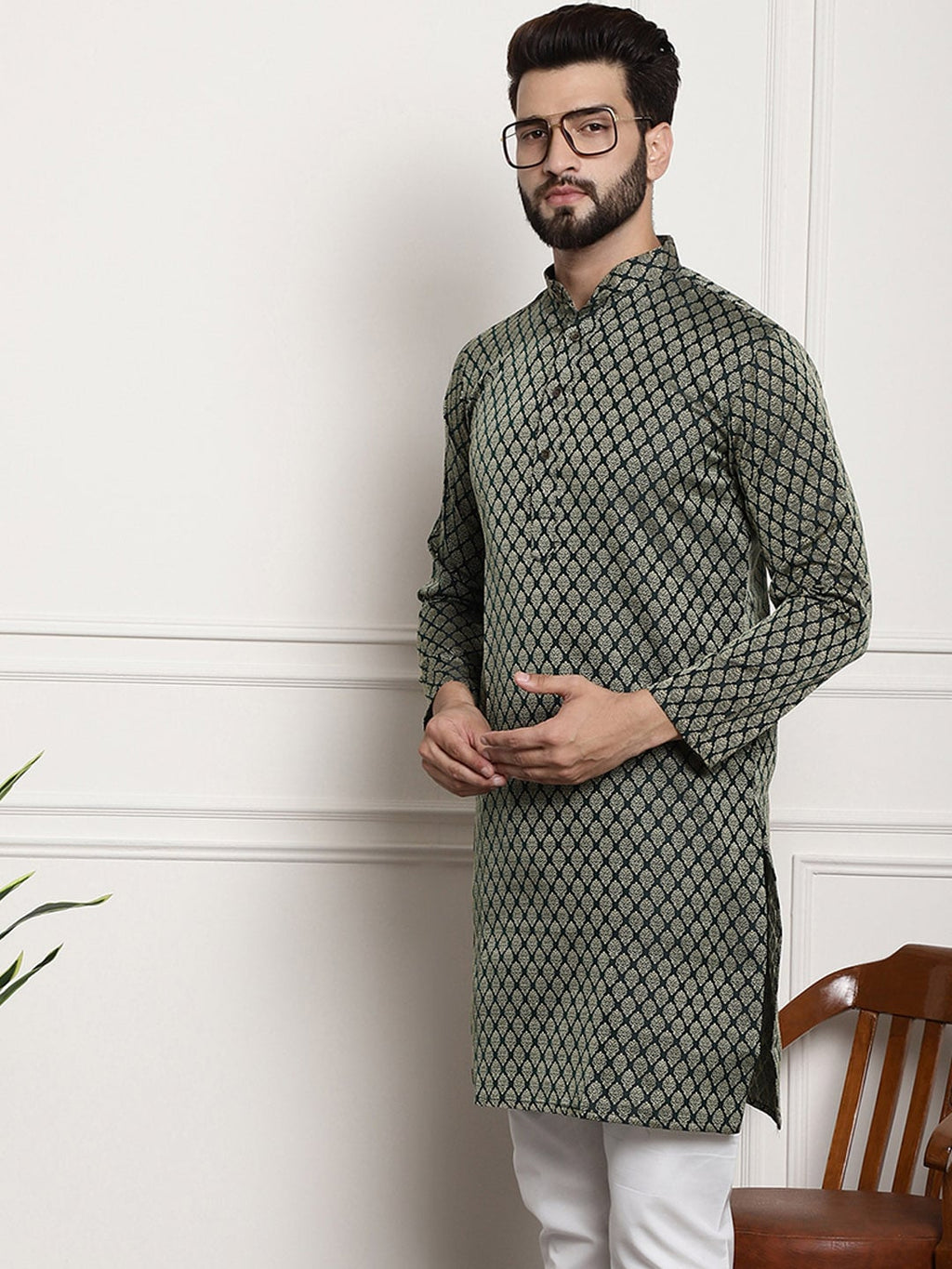 Sojanya Band Collar Ethnic Motifs Woven Design Kurta