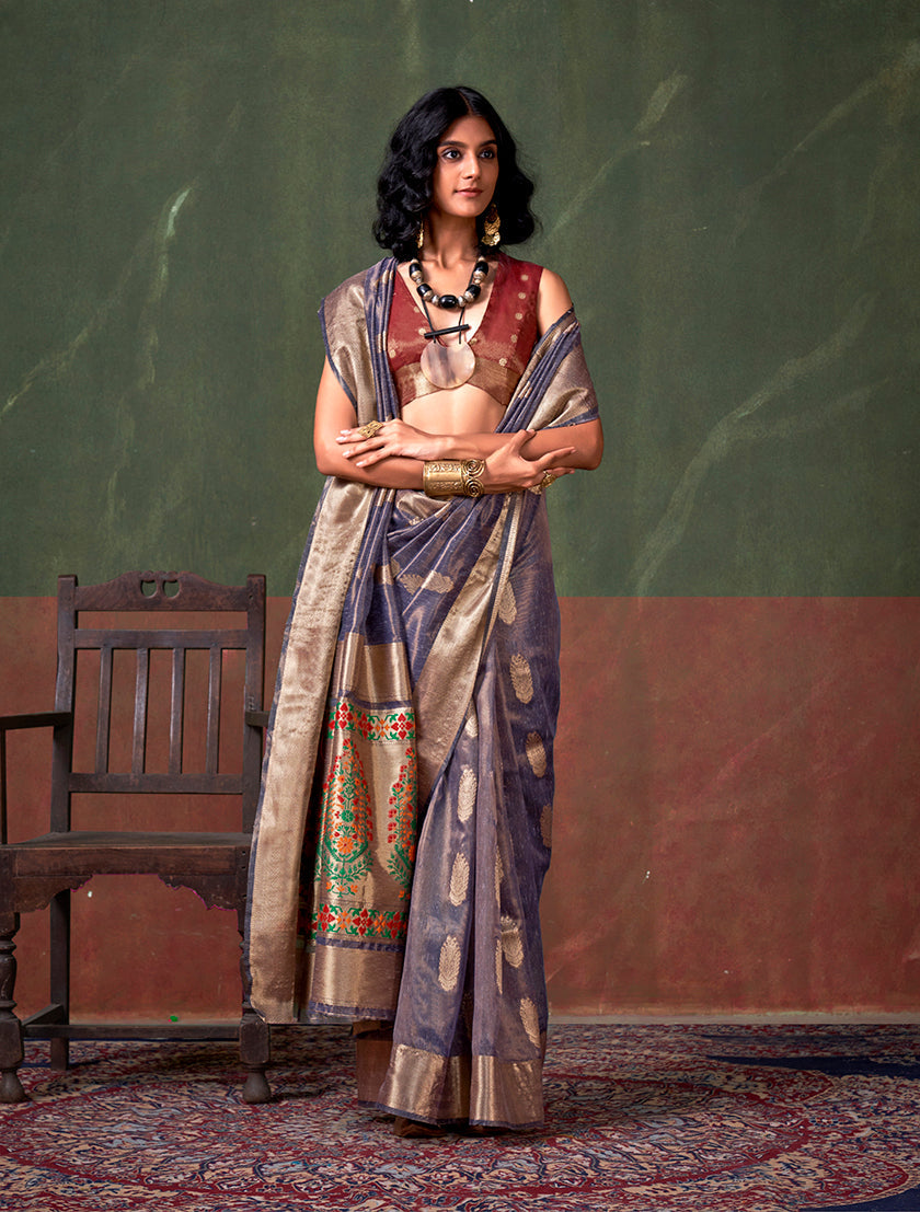 Monjolika Fashion Weaving Zari Tissue Silk Designer Saree In Violet