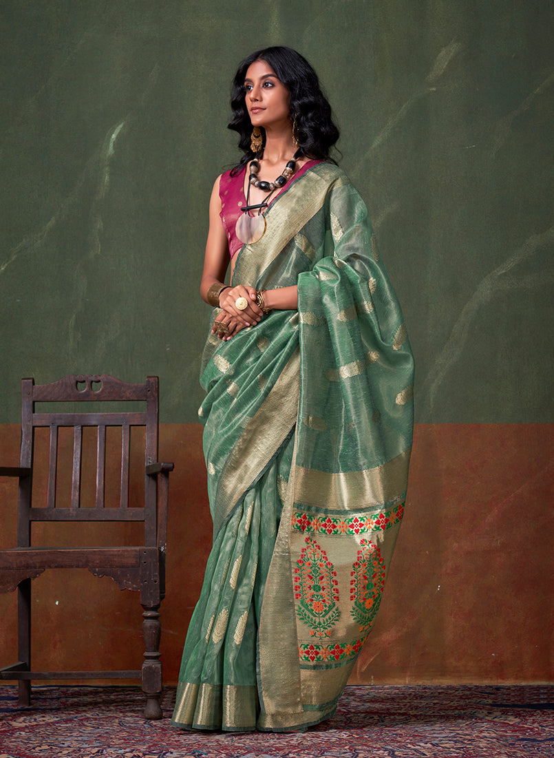 Monjolika Fashion Weaving Zari Tissue Silk Designer Saree In Sea Green - Distacart