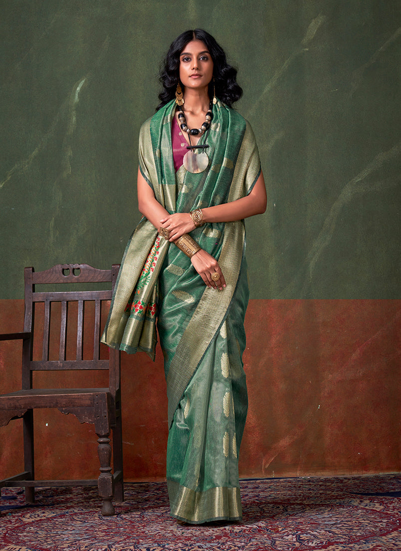 Monjolika Fashion Weaving Zari Tissue Silk Designer Saree In Sea Green - Distacart