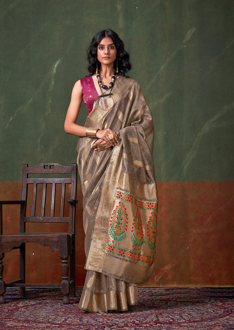 Monjolika Fashion Weaving Zari Tissue Silk Designer Saree In Grey - Distacart