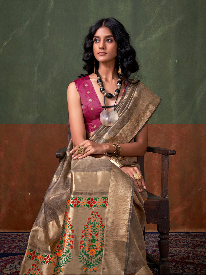 Monjolika Fashion Weaving Zari Tissue Silk Designer Saree In Grey - Distacart
