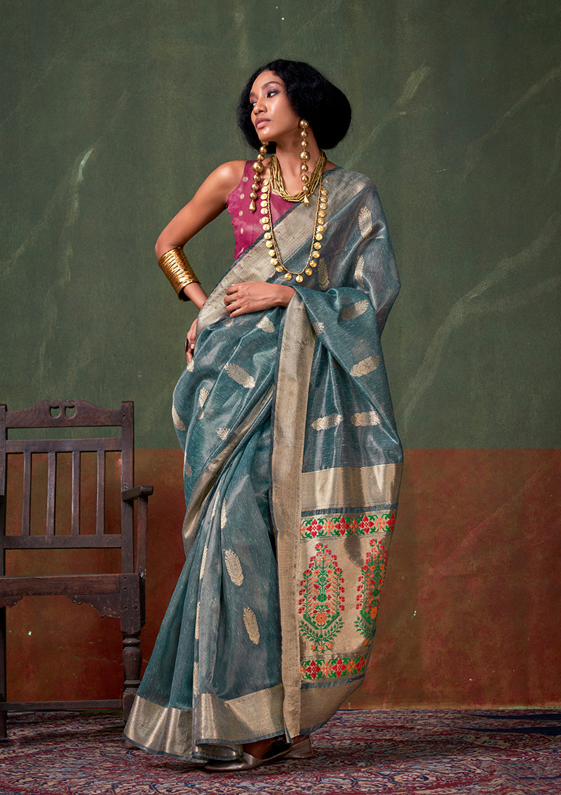 Monjolika Fashion Weaving Zari Tissue Silk Designer Saree In Blue - Distacart