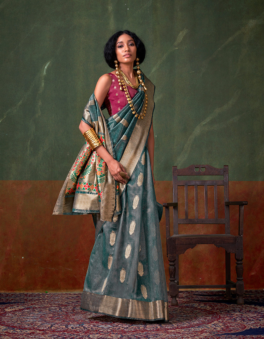 Monjolika Fashion Weaving Zari Tissue Silk Designer Saree In Blue - Distacart