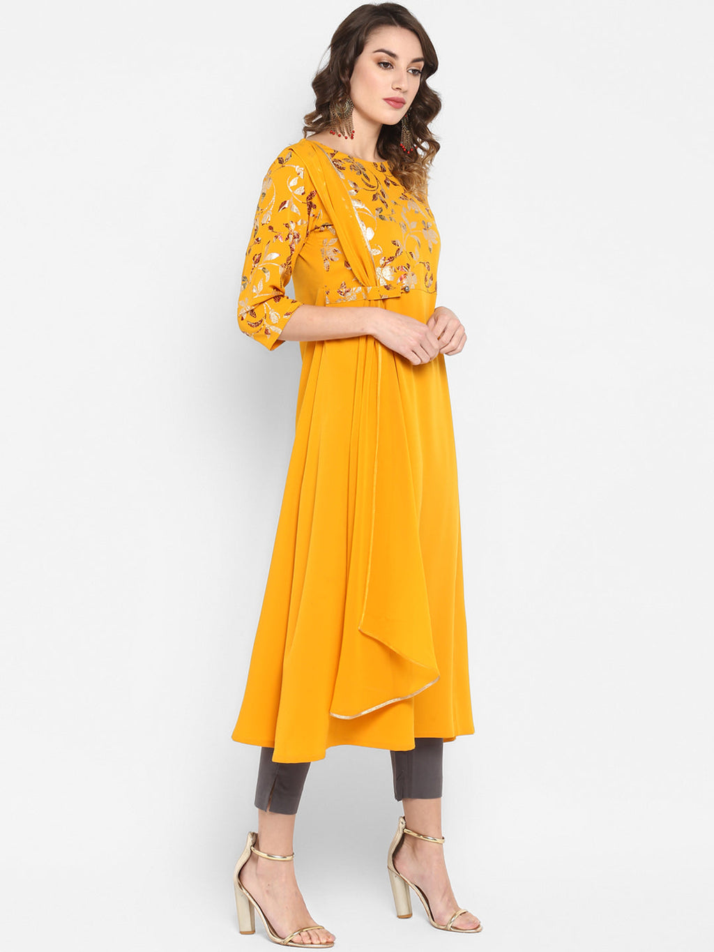 Janasya Mustard Yellow Printed A-Line Kurta - Distacart