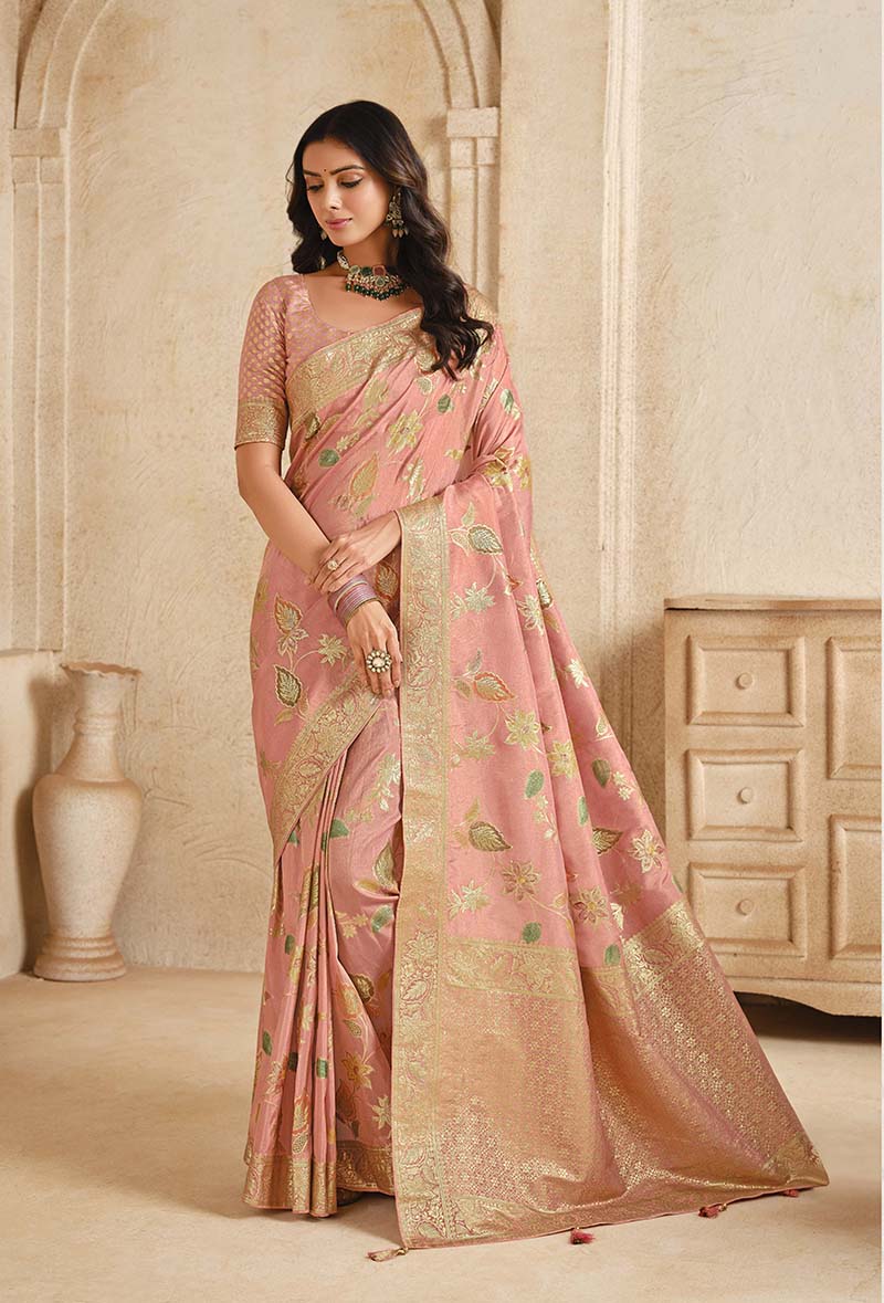 Monjolika Fashion Baby Pink Color Weaving Silk Classic Saree