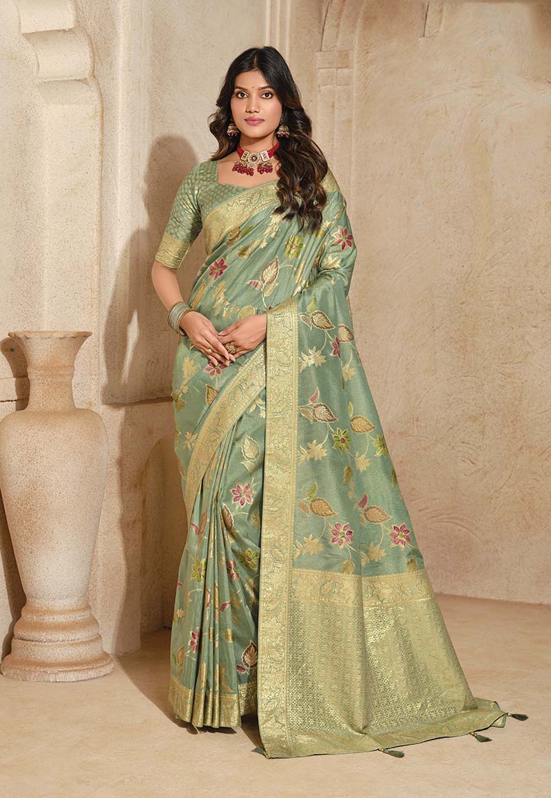Monjolika Fashion Sea Green Color Weaving Silk Classic Saree - Distacart
