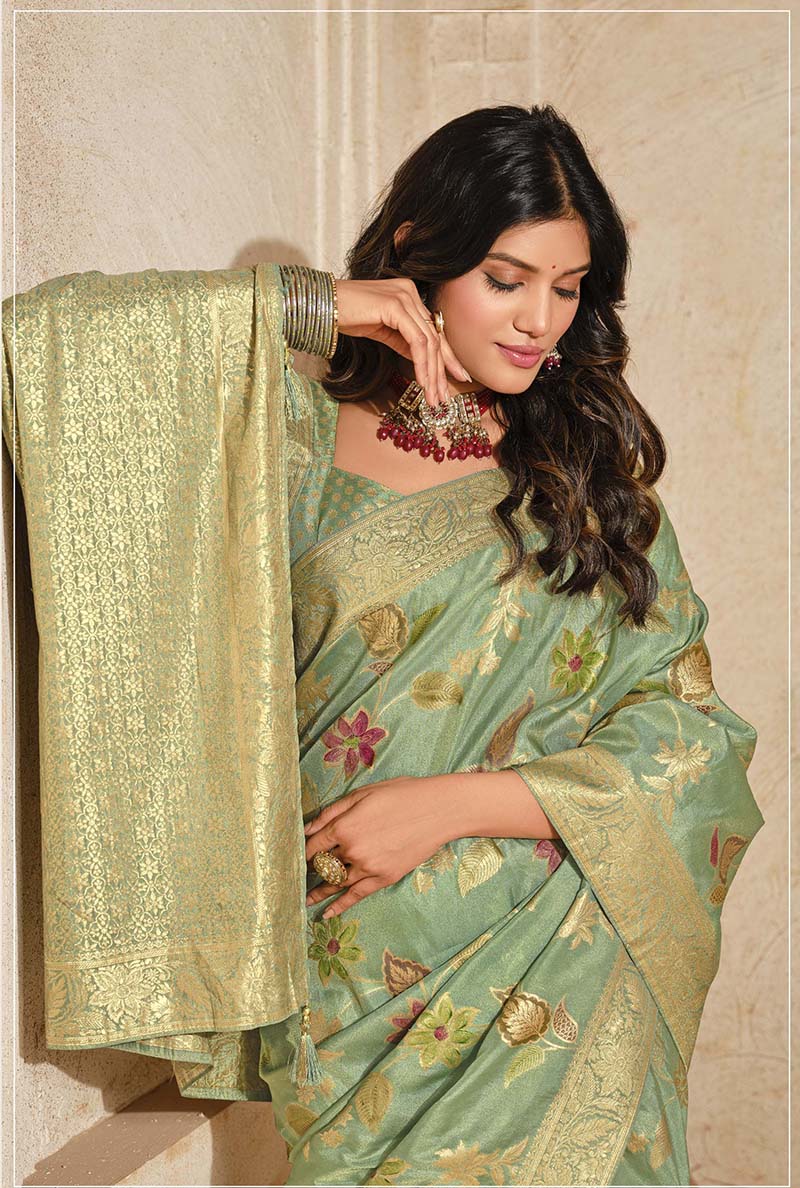 Monjolika Fashion Sea Green Color Weaving Silk Classic Saree - Distacart