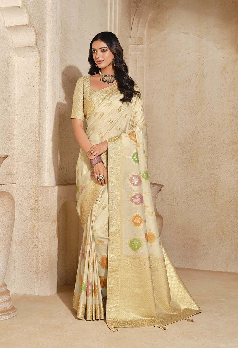 Monjolika Fashion Cream Color Weaving Silk Classic Saree - Distacart