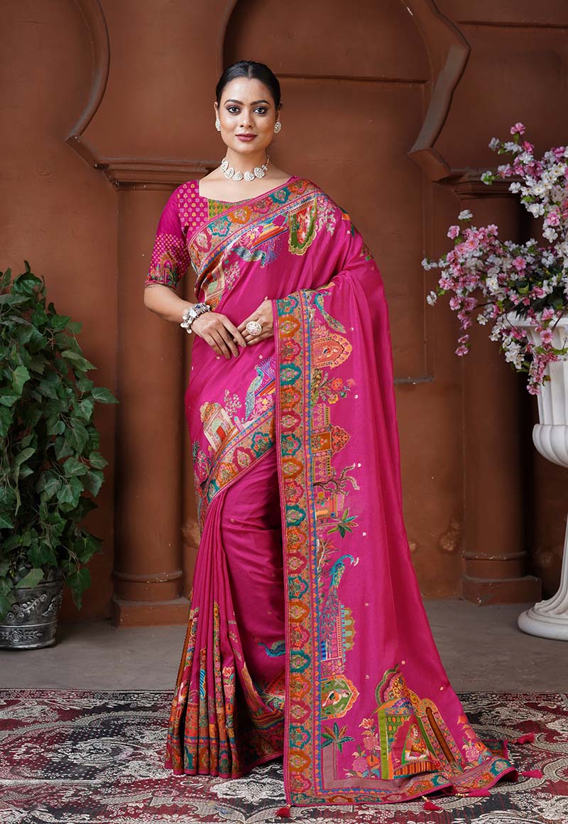 Monjolika Fashion Rani Pink Color Weaving Dola Silk Traditional Saree