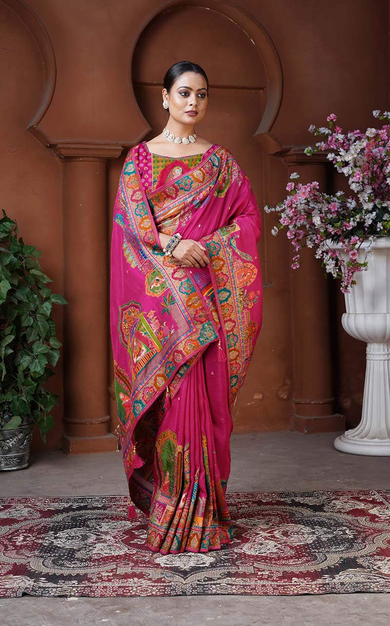 Monjolika Fashion Rani Pink Color Weaving Dola Silk Traditional Saree