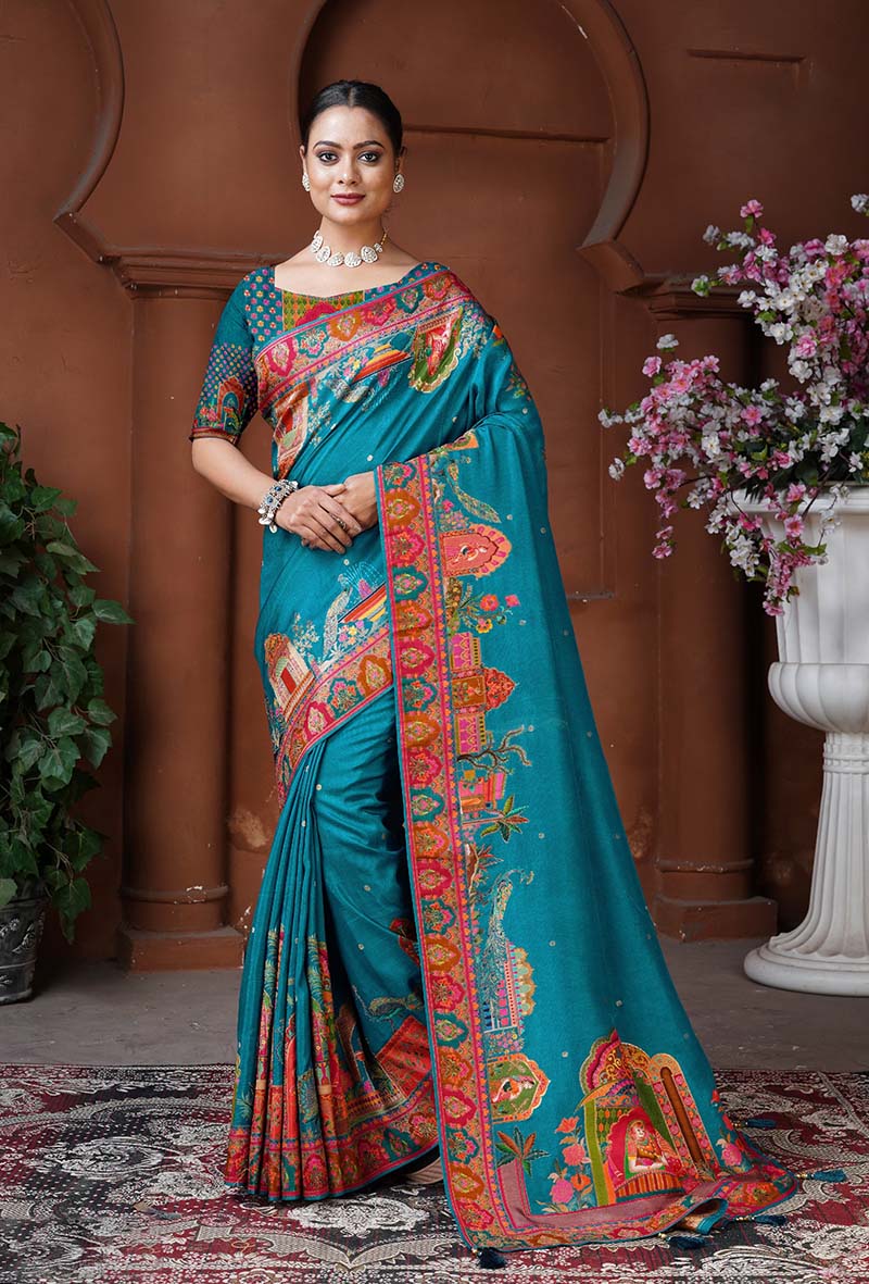 Monjolika Fashion Teal Blue Color Weaving Dola Silk Traditional Saree