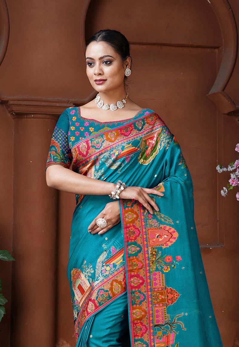 Monjolika Fashion Teal Blue Color Weaving Dola Silk Traditional Saree