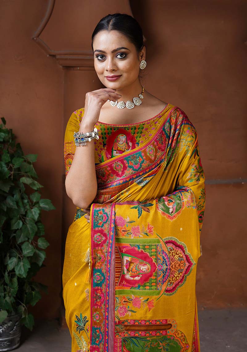 Monjolika Fashion Mustard Color Weaving Dola Silk Traditional Saree