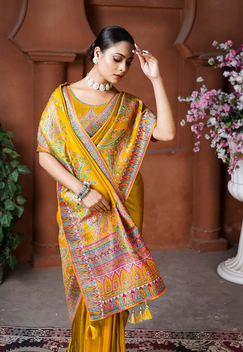 Monjolika Fashion Golden Color Weaving Dola Silk Traditional Saree